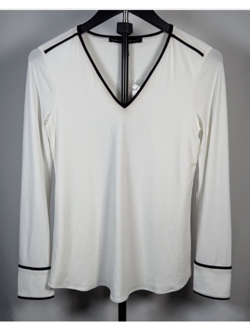 White House Black Market White Long Sleeve V-Neck Top with Black Trim